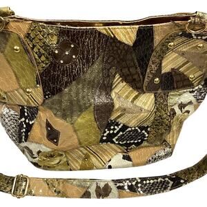 Braciano Faux Snake Skin Shiny Patchwork Mettalic Gold Accent Purse Handbag Bag